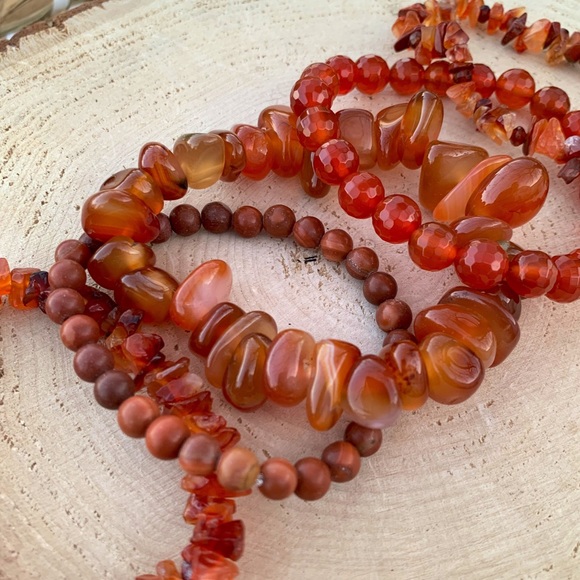 Natural Dark Orange Carnelian & Fire Agate Gemstone Mixed Bead Bracelet Stack - Picture 11 of 14